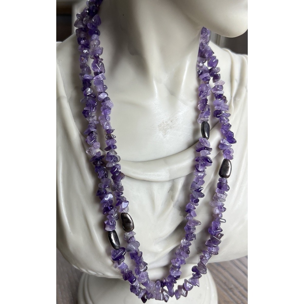 Vintage Amethyst Beaded Hematite Strand Necklace 925 Sterling Silver Clasp 38"